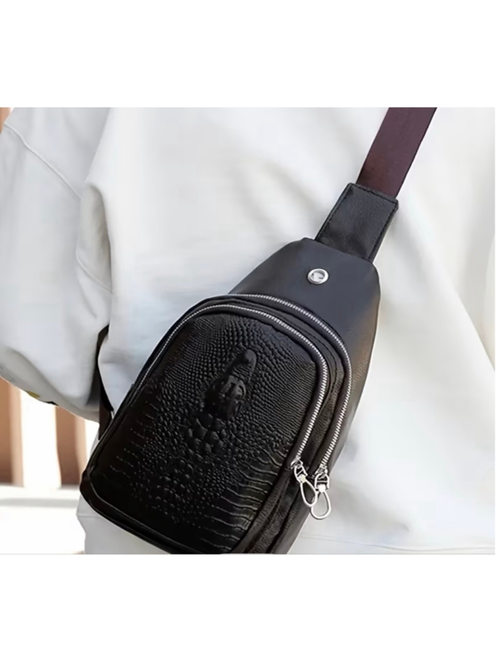 Unisex Black Crocodile Embossed Crossbody Bag - Picture 4 of 9